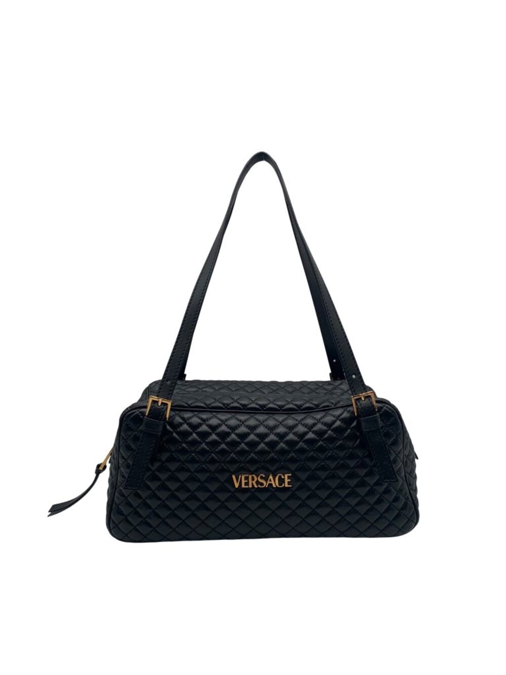 Versace Black Leather Tag Bowling Shoulder Bag